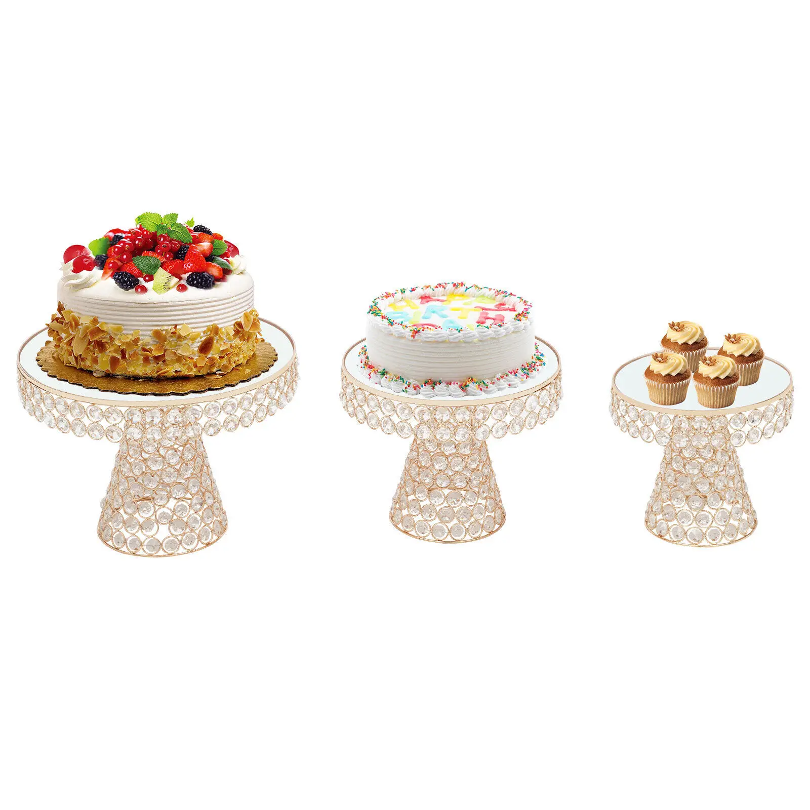 3 Piece Set Crystal Dessert Cupcake Cake Stand Gold Round With Bases For Party