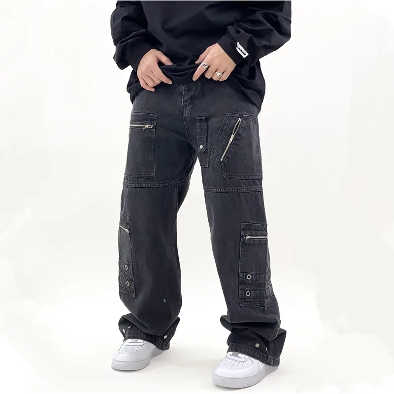 

2022 New Arrivals Pocket Zipper Black Hip Hop Men Cargo Jeans Pants Retro Washed Straight Baggy Cotton Denim Trousers Pantalones