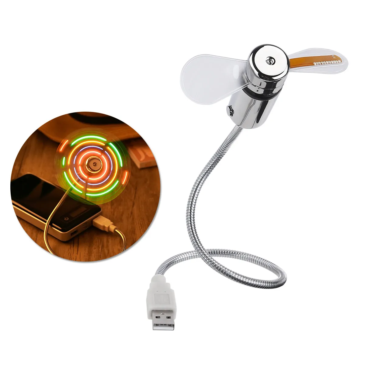 USB 팬 실버 41cm 미니 LED 팬, 64가지 다채로운 패턴 원형 디스플레이, 데스크탑/노트북 쿨링 기기, 남성용 선물, 설치 불필요