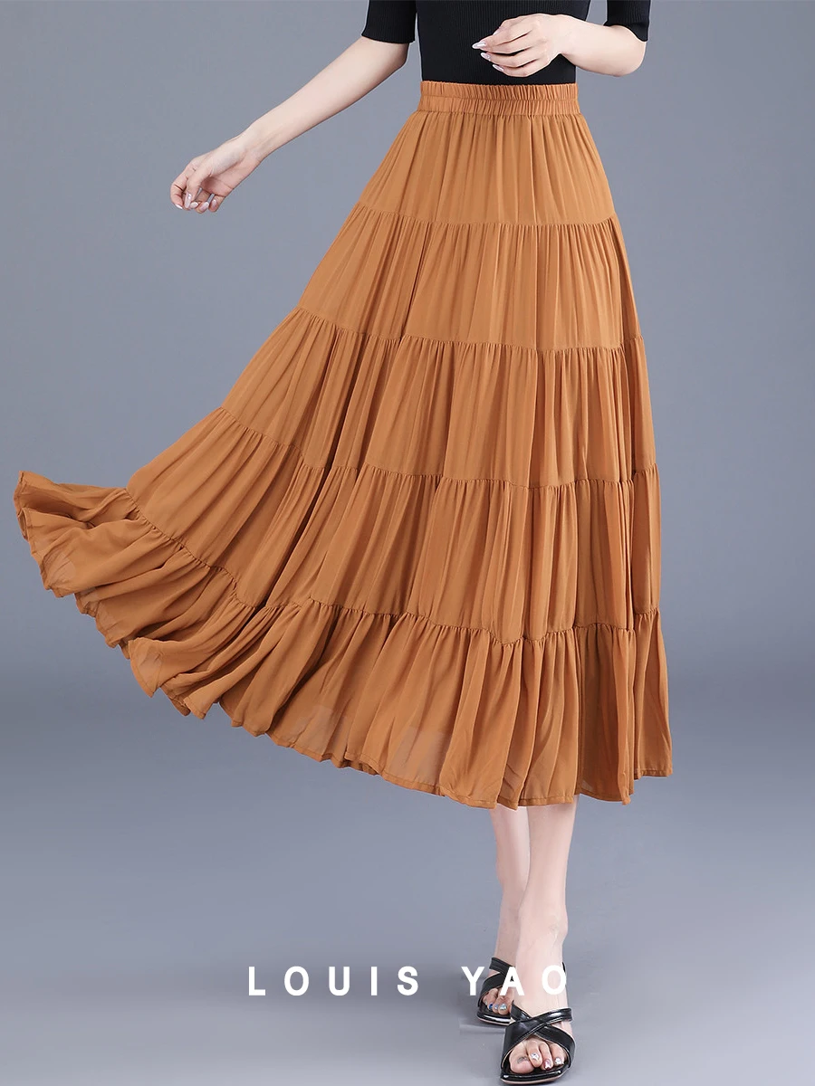 LOUIS YAO Women Skirt 2024 Spring New Fashionable Casual Cake Pleated Skirt A-line Orange Black Skirt for Women