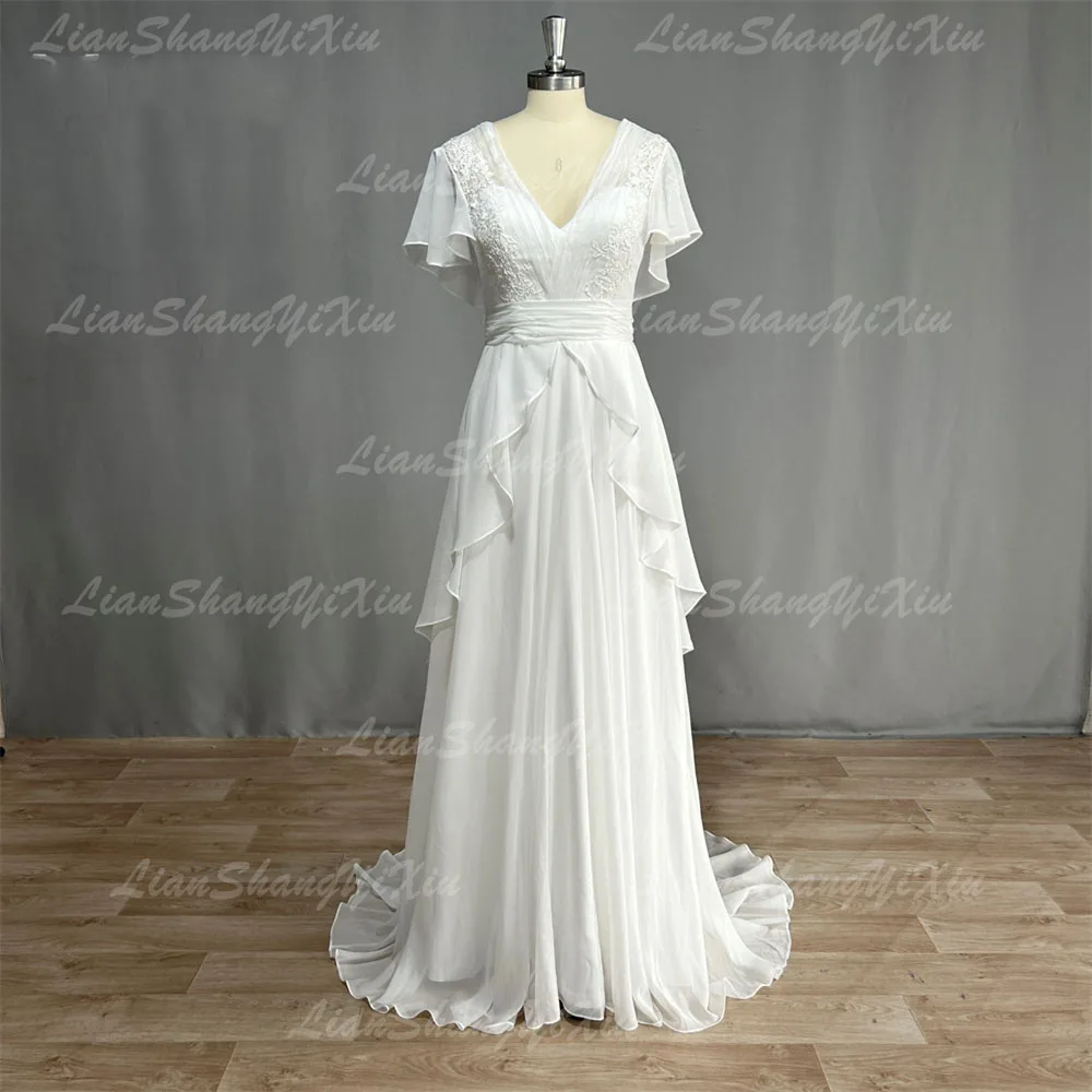 Customized Boho V-Neck Wedding Dresses Chiffon A Line Short Sleeves Backless Floor Length Ruffles Beach Bridal Gowns Bohemian 4