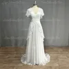Customized Boho V-Neck Wedding Dresses Chiffon A Line Short Sleeves Backless Floor Length Ruffles Beach Bridal Gowns Bohemian 4