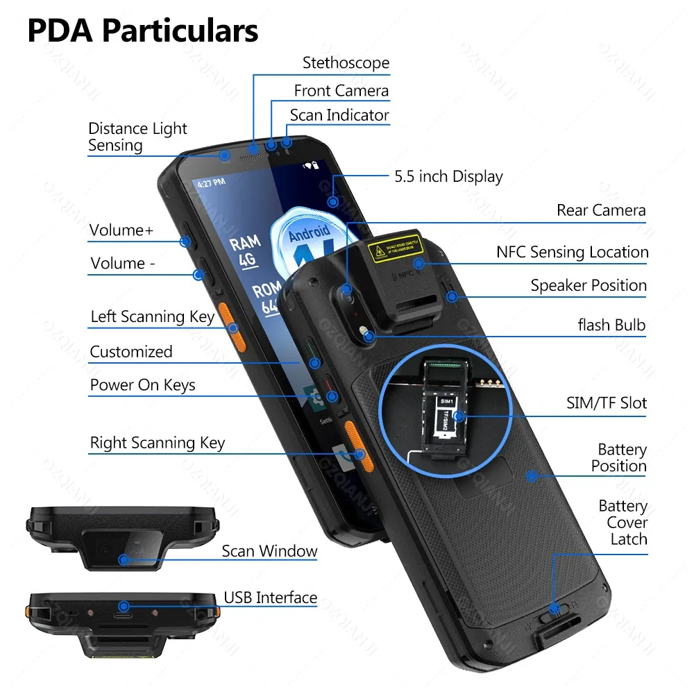 4G64G 구글 PDA 8코어 5.5인치 터치스크린 안드로이드14 핸드헬드 터미널 바코드 스캐너 2D 데이터 수집기 WIFI 4G NFC 포함