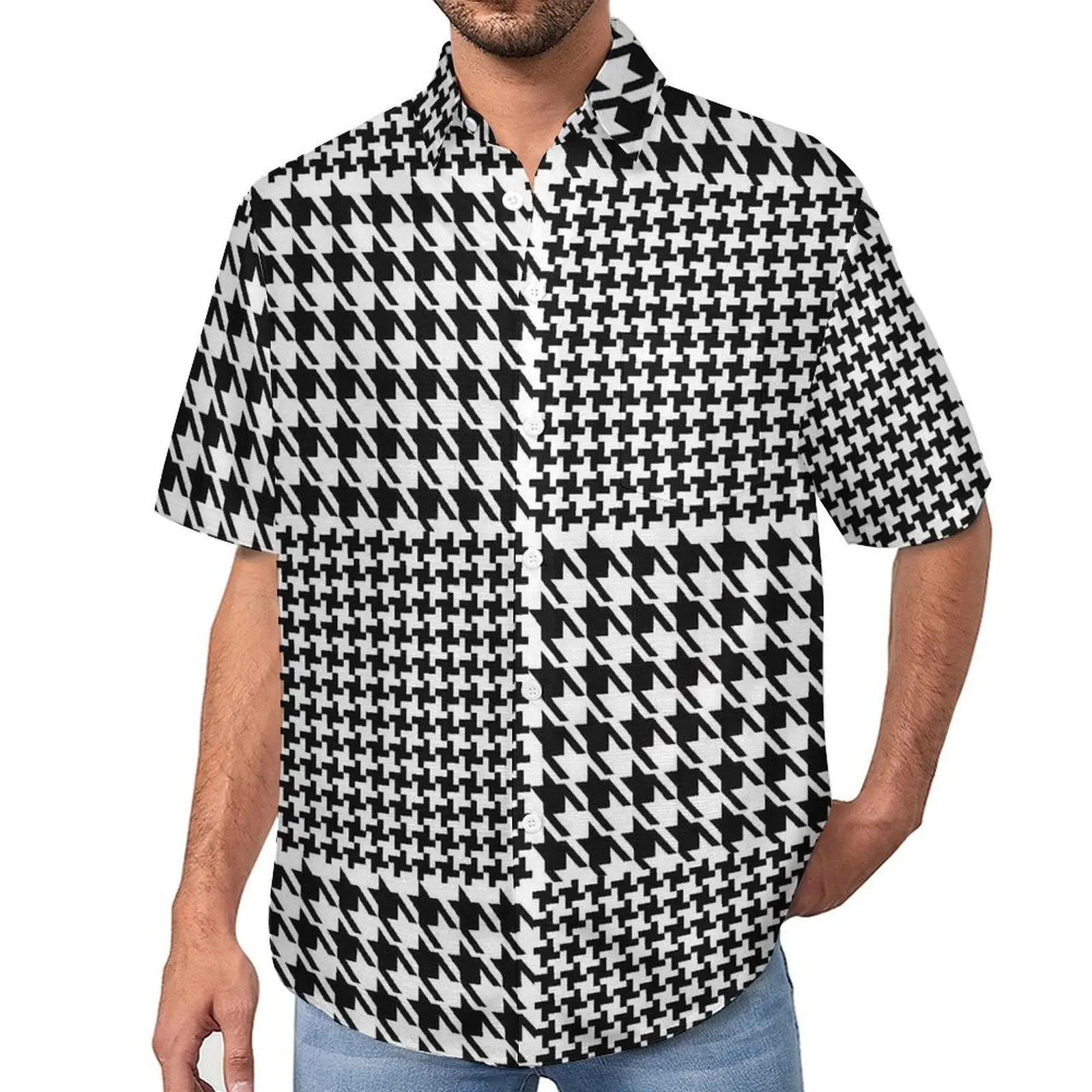 

Vintage Houndstooth Blouses Men Patchwork Print Casual Shirts Hawaiian Short Sleeve Graphic Street Style Oversize Vacation Shirt