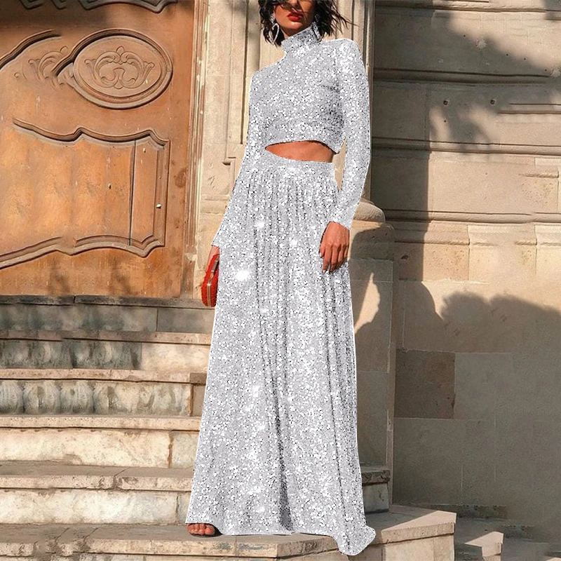 

Casual Turtleneck Long Sleeve Tops & Long Skirt Outfits Women Elegant Shiny Sequin Suits Fashion Hight Waist Solid Two Piece Set