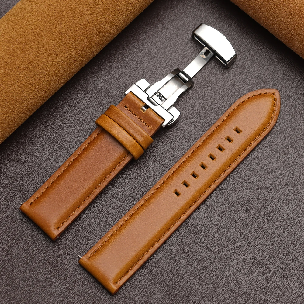Luxurious Dark Brown Calfskin Leather Watchband with Butterfly Buckle