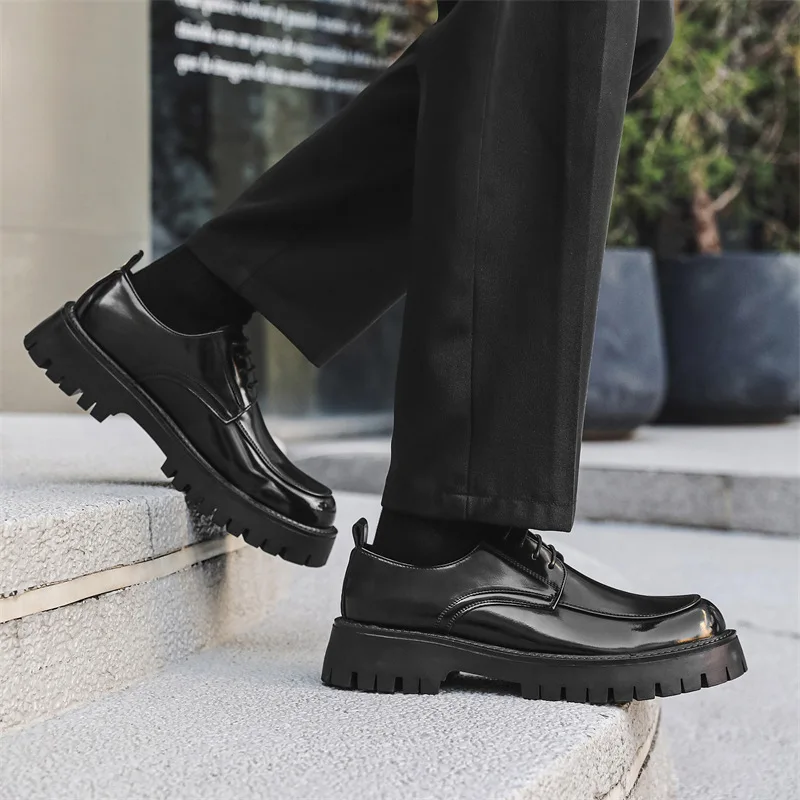 Men's Casual Business Leather Derby Shoes Trendy Mens Lace-up Thick Sole Heightened Shoe British Style