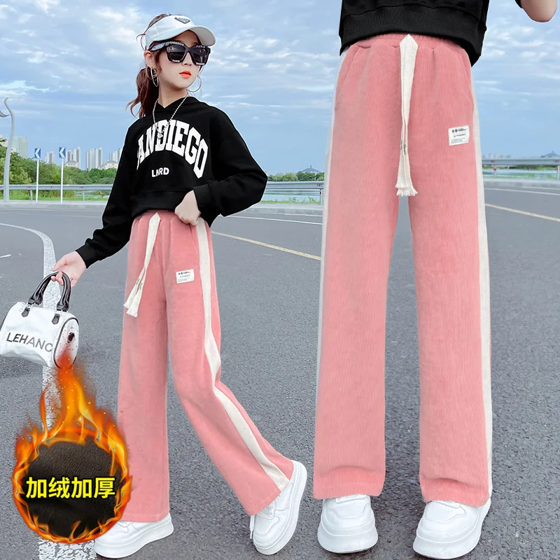 

Teen Girls Clothes Winter Plus Velvet Thick Trousers Fashion Sweatpants Side Striped Wide Leg Pants Children's Clothing 4-14 Yrs