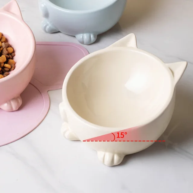 Ceramic Cat Bowl Double Bowl Drinking Bowl Cute Cat Basin for Pets Neck Protection Slant Mouth Cat Bowl Dog Bowl Pet Supplies 3