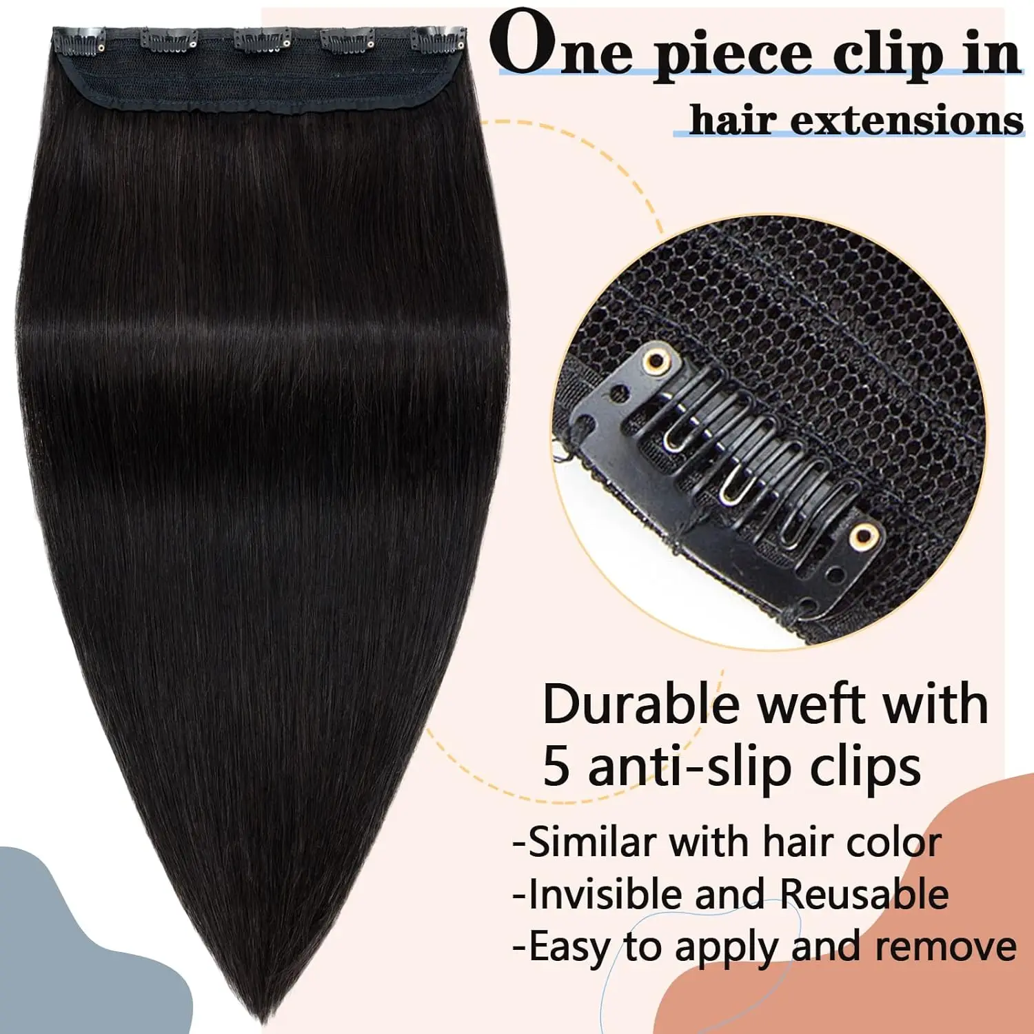 One Piece Clip in Human Hair Extensions 5 Clips 16-26 Inch Natural Color #1B 3/4 Full Head Thick Soft Silky Straight Hair