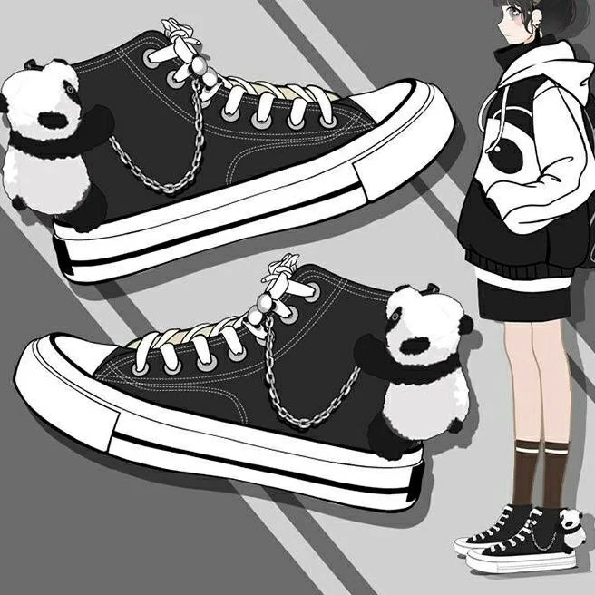 

Cute Panda Canvas Shoes Women High Bang Chaoku Students Board Shoes Black Summer Plush Shoes Casual High Bang Canvas Shoes