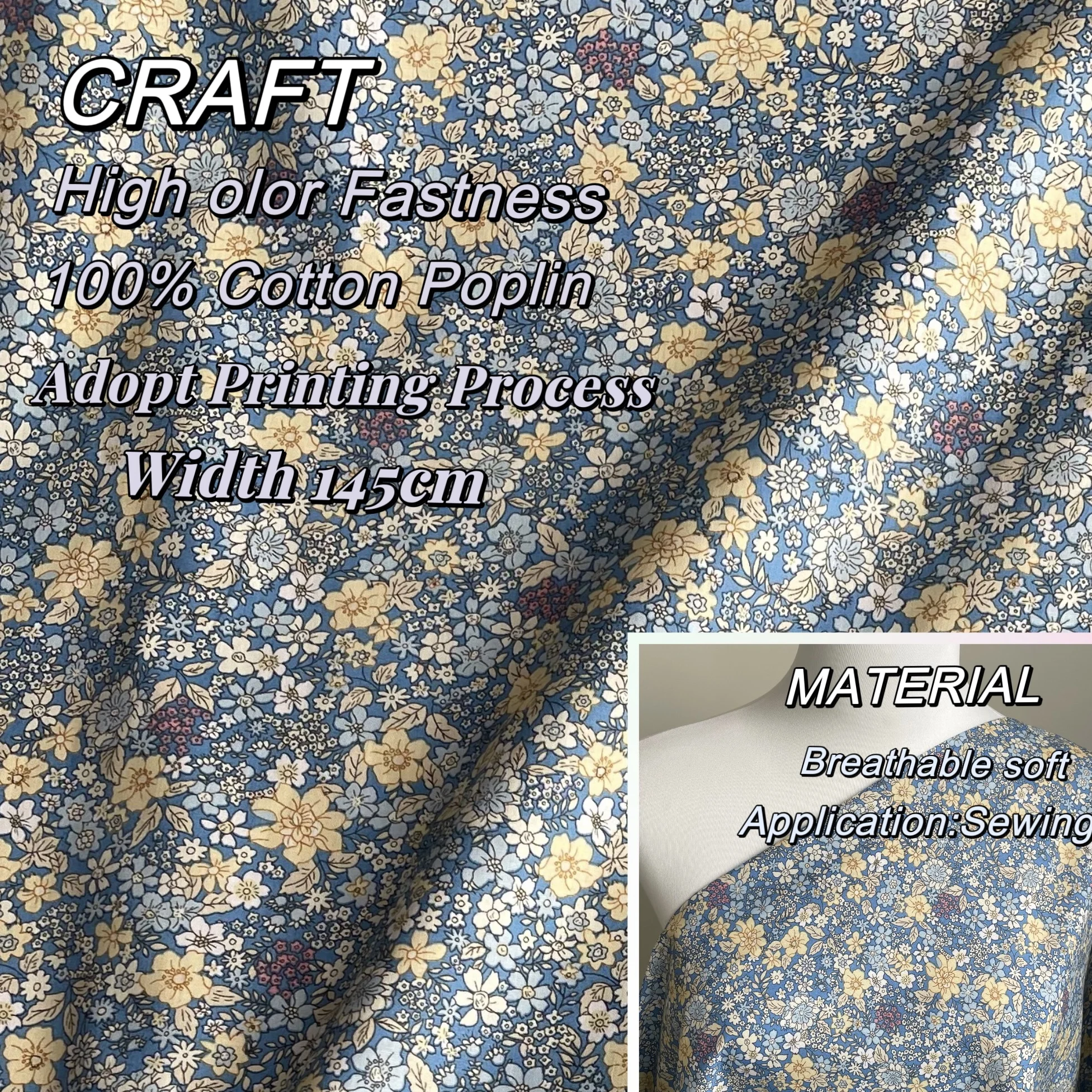 

145x50cm Dawn Blue 100% Cotton 40S Like Liberty Fabric Digital Printing For Sewing Cloth Dresses Skirt Kids Designer Tissus 2023