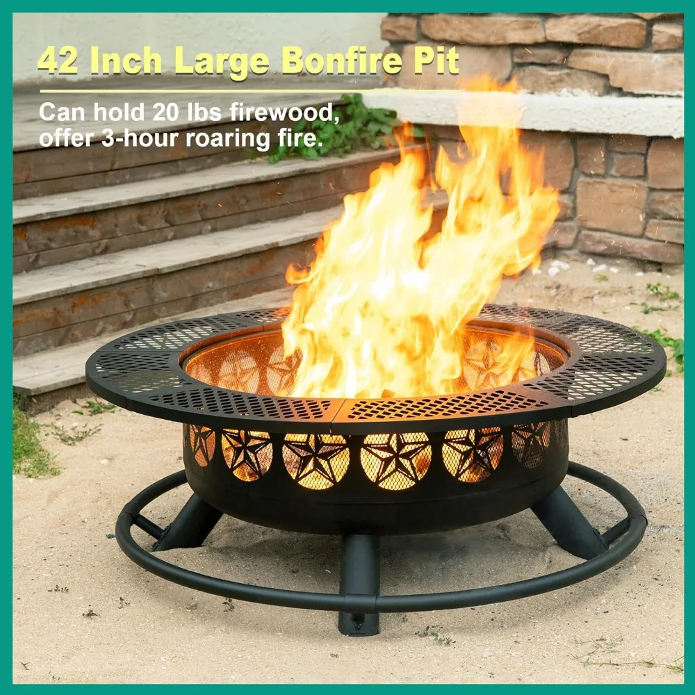42 Inch BBQ Fire Pit with Grill, Large Outdoor Wooding Burning Fire Pit for Camping,Picnic,Bonfire,3-in-1 Round Metal Table