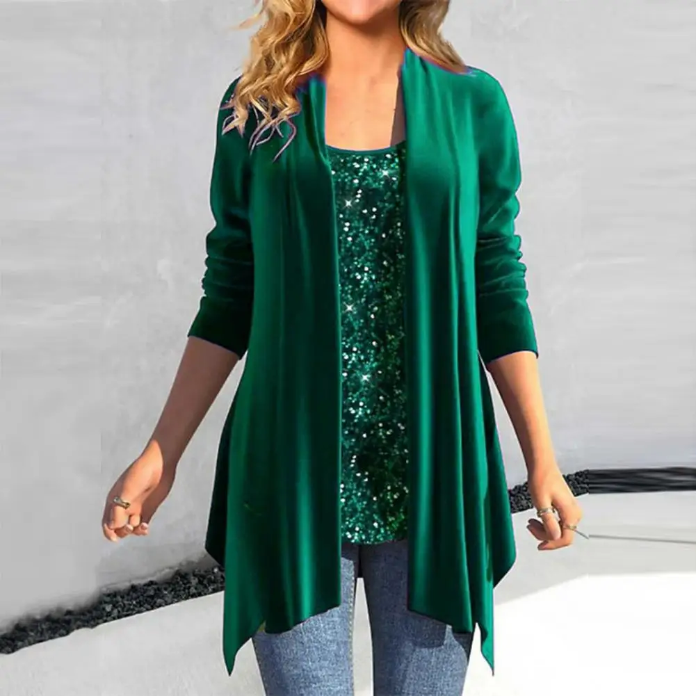 

Women Sequin Splicing Top Sequin Fake Two-piece Velvet Blouse Irregular Hem Long Sleeve Loose Fit Women's Fall Spring Fashion