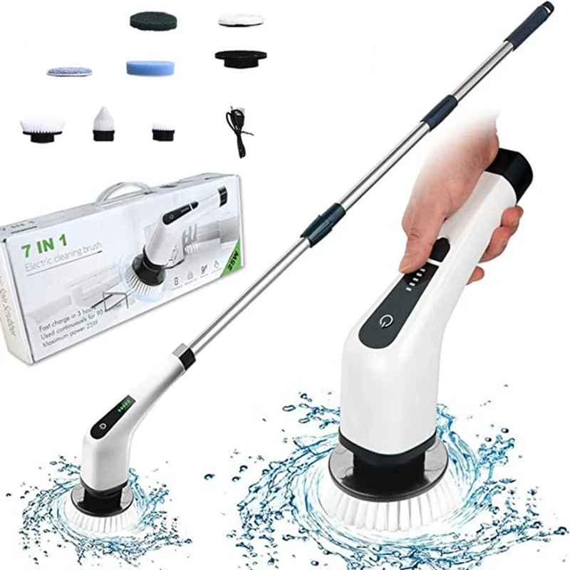 Electric Spin Scrubber Cleaning Turbo Scrub Brush with 7 Replacement Brush  Heads Adjustable Handle Kitchen Bathroom Clean Tools