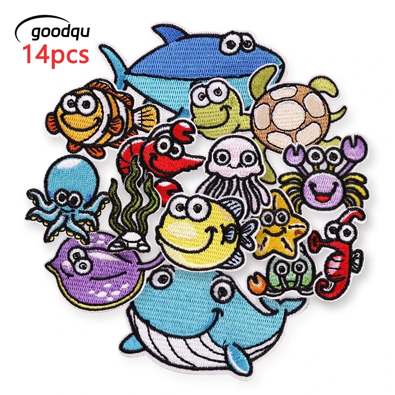 14 Teile/los Meerestiere Patches Für Kleidung Kinder Eisen Auf Gestickte Groß Anime Stoffe Nähen Jacken Nette Pack Diy Parche