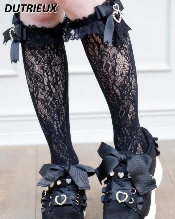 Handmade Sweet Lolita Socks Female Sweet Bow Pearl Heart Pendant Lace Tube Socks for Women Japanese Short Kawaii Girls