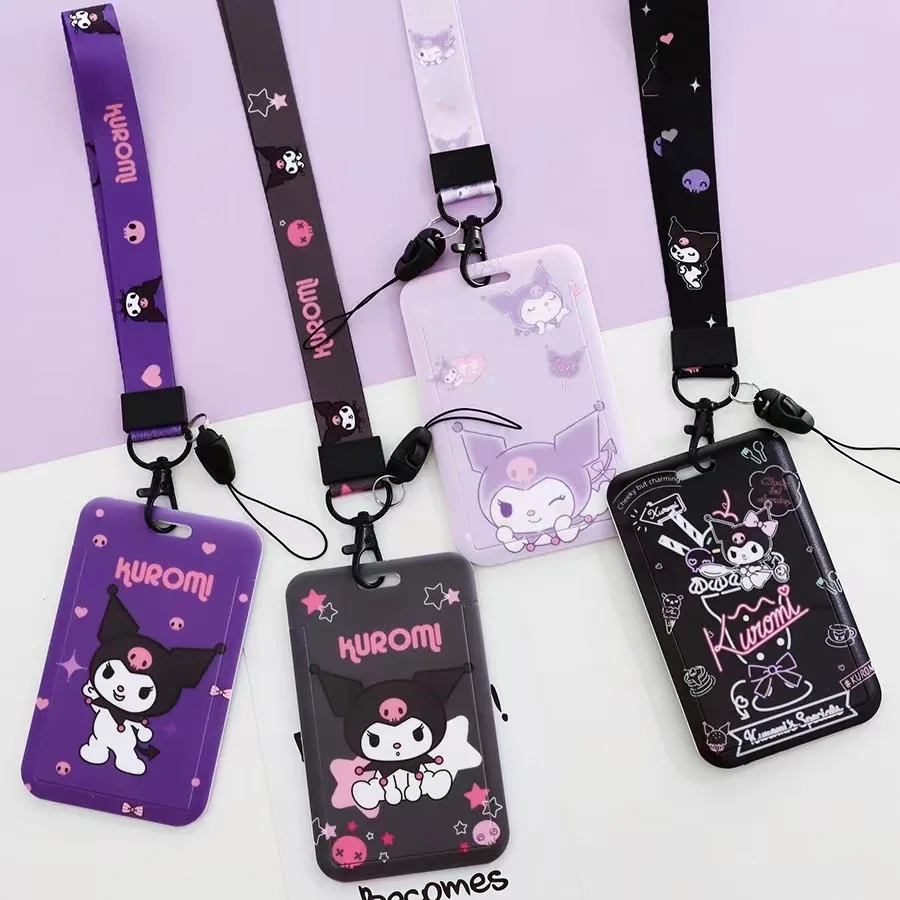 

Kawaii Sanrio Anime Figure Kuromi Keychain Pendant Student Card Sleeve Ferrule Cute Holder Plastic Lanyard Card Holders for Girl