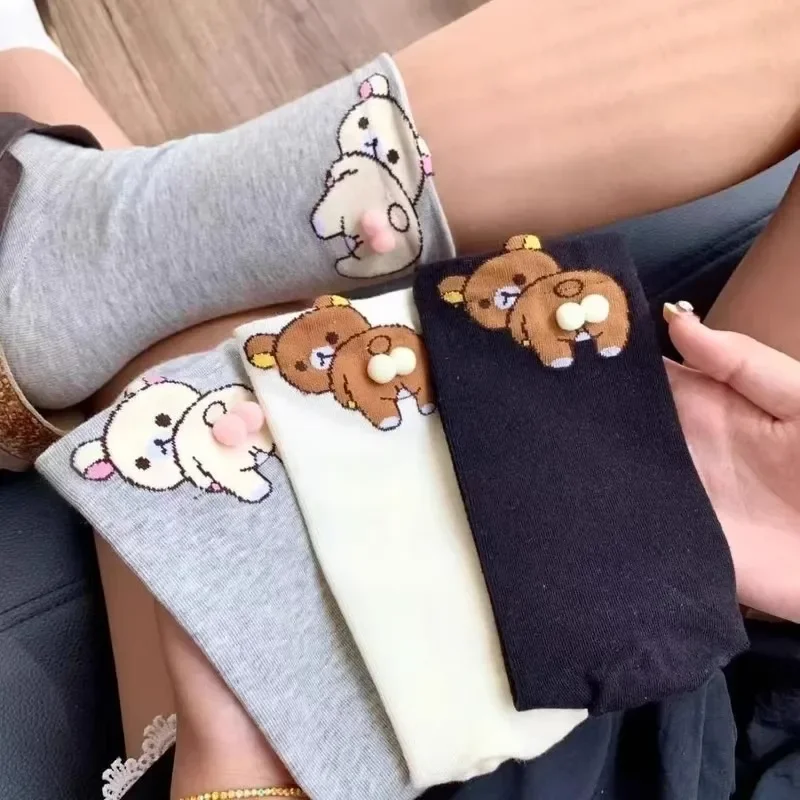Creative Funny Cartoon Bear Butt Egg Socks Women Cotton Blend Mid Tube Socks Cute Animal Print Novelty Crew Stockings Socks