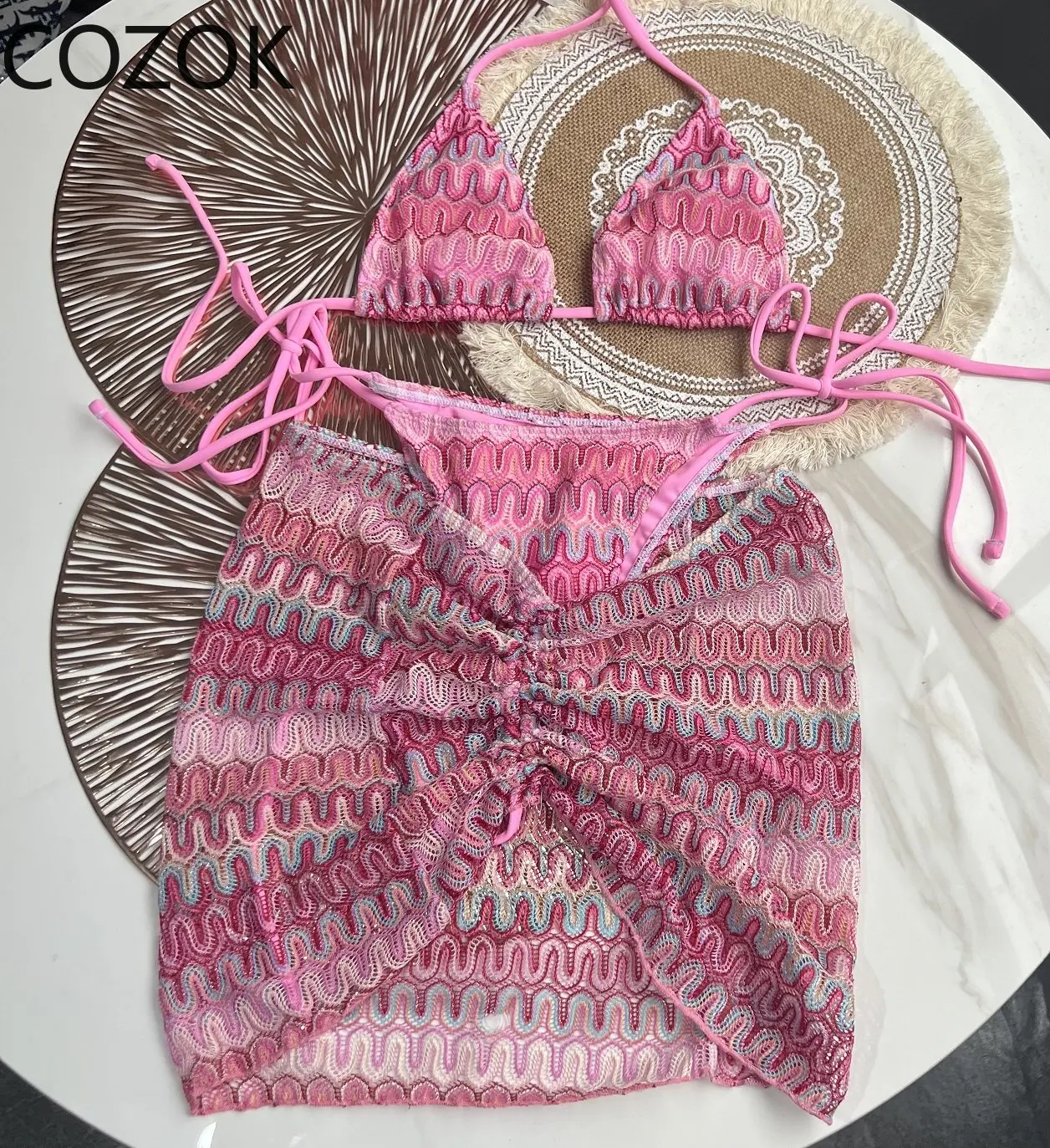 Zigzag Bikini Three Piece Swimwear with Skirt Knitting Bikinis Swimsuit Push Up Beachwear