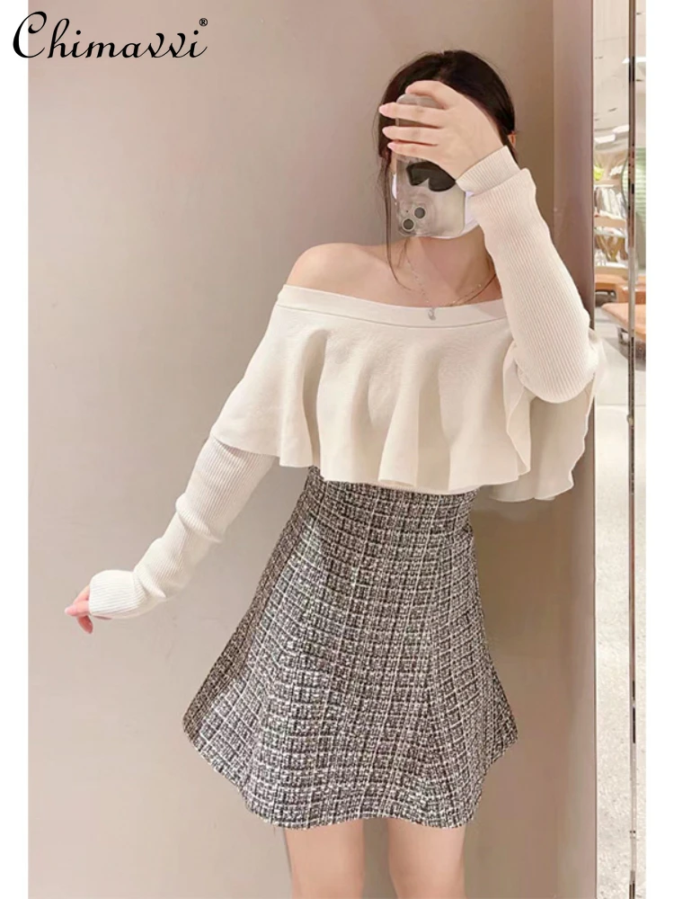 Japanese Style Sweet Cute Women's Vest 2023 Autumn and Winter Fashion Tweed Slimming High Waist Flared Short A-Line Skirts