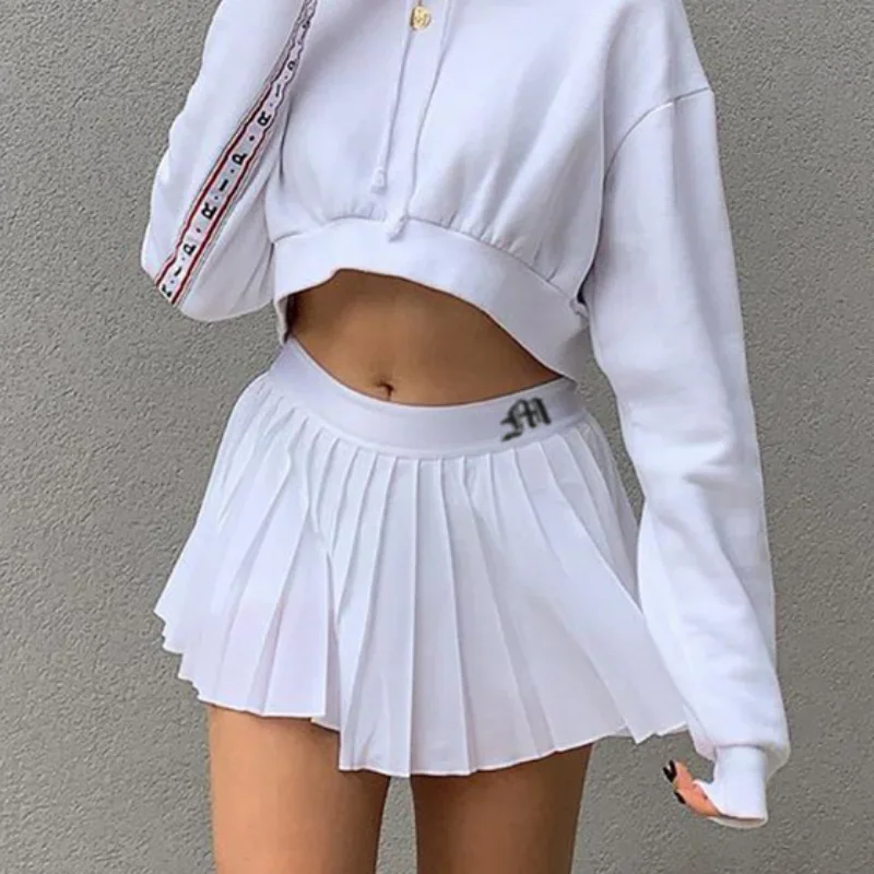HOUZHOU Pleated Mini Skirt Women Elastic Waist A-line Preppy Style Sexy Casual Embroidery Tennis Skirt Summer Y2k Girl Fashion