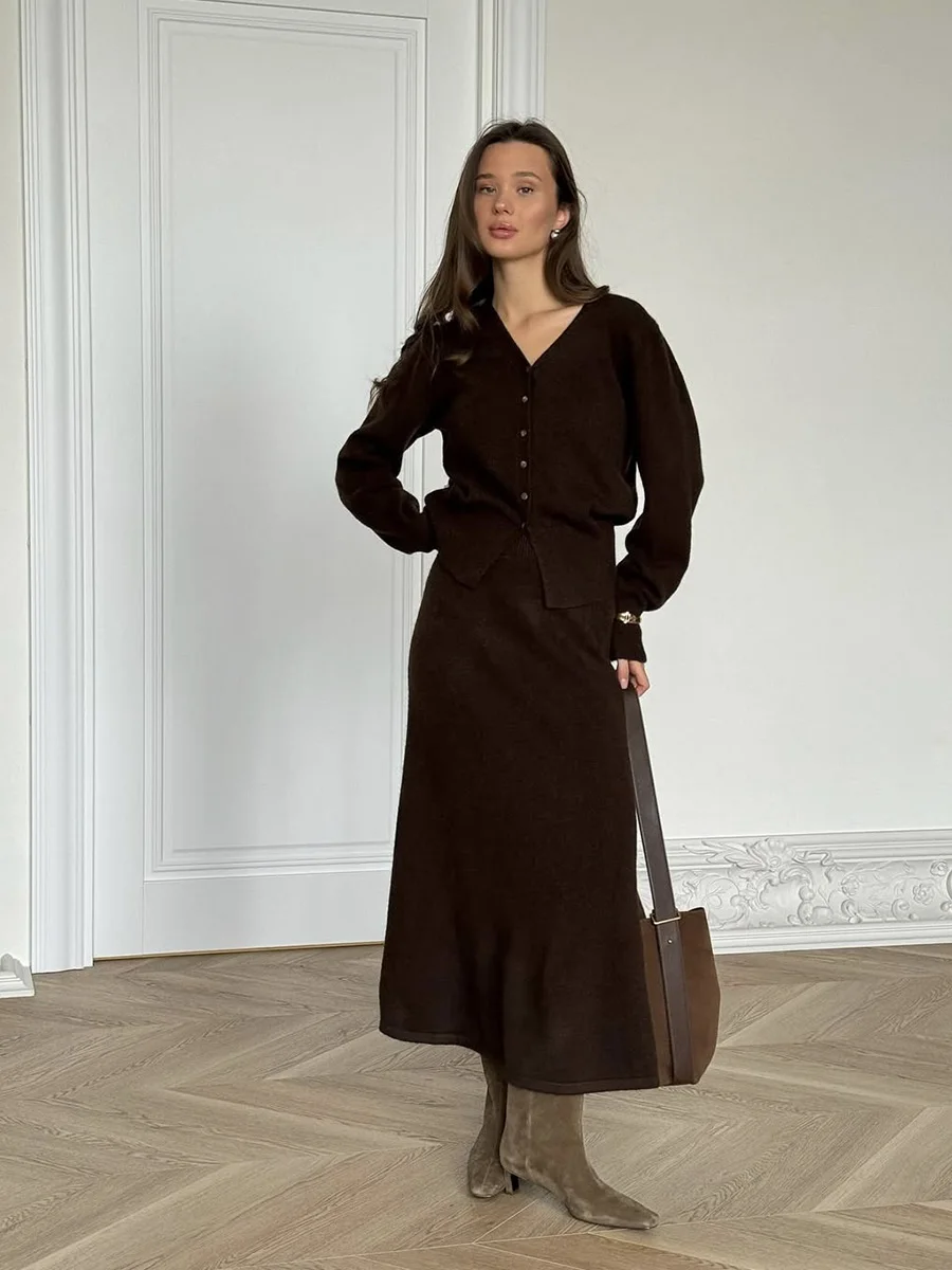 Hirsionsan Sexy Soft Elegant Vintage Women Suits 2 Pieces Female Sets Polo Neck Cardigan Sweater & Midi Dress Knitted TrackSuit Image 46