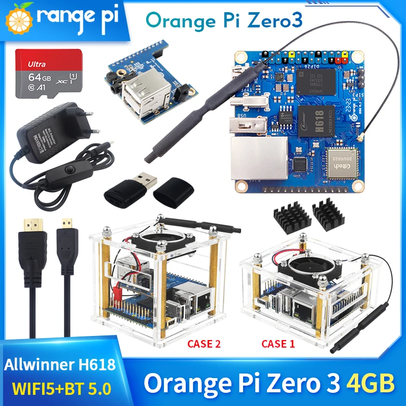 Laranja pi Zero 4gb Ram Allwinner H618 64 Bits Wifi5 Mais bt 5.0 Gigabit Ethernet Opcional Ventilador de Acrílico Dissipador de Calor Android Debian