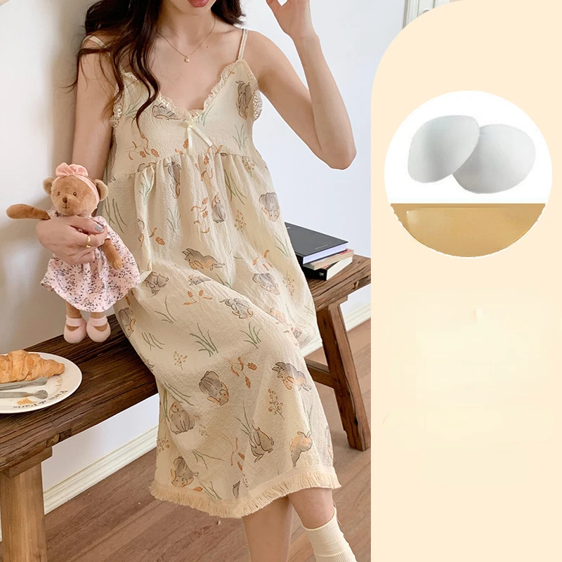 Sleepwear Women Summer Nightgown Lingerie Cartoon Print Sweet Homewear Underwear Loose Nightwear Cute Princess Lounge Clothing