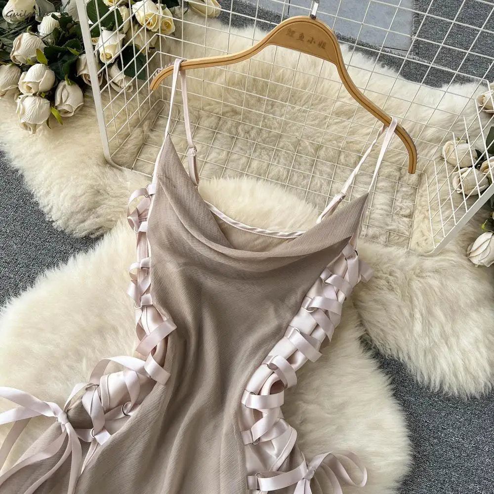 Summer Bandage Beach Chiffon Dress Women Fashion Sleeveless Backless Two-piece Dress Korean Style Evening Corset Slip Dresses