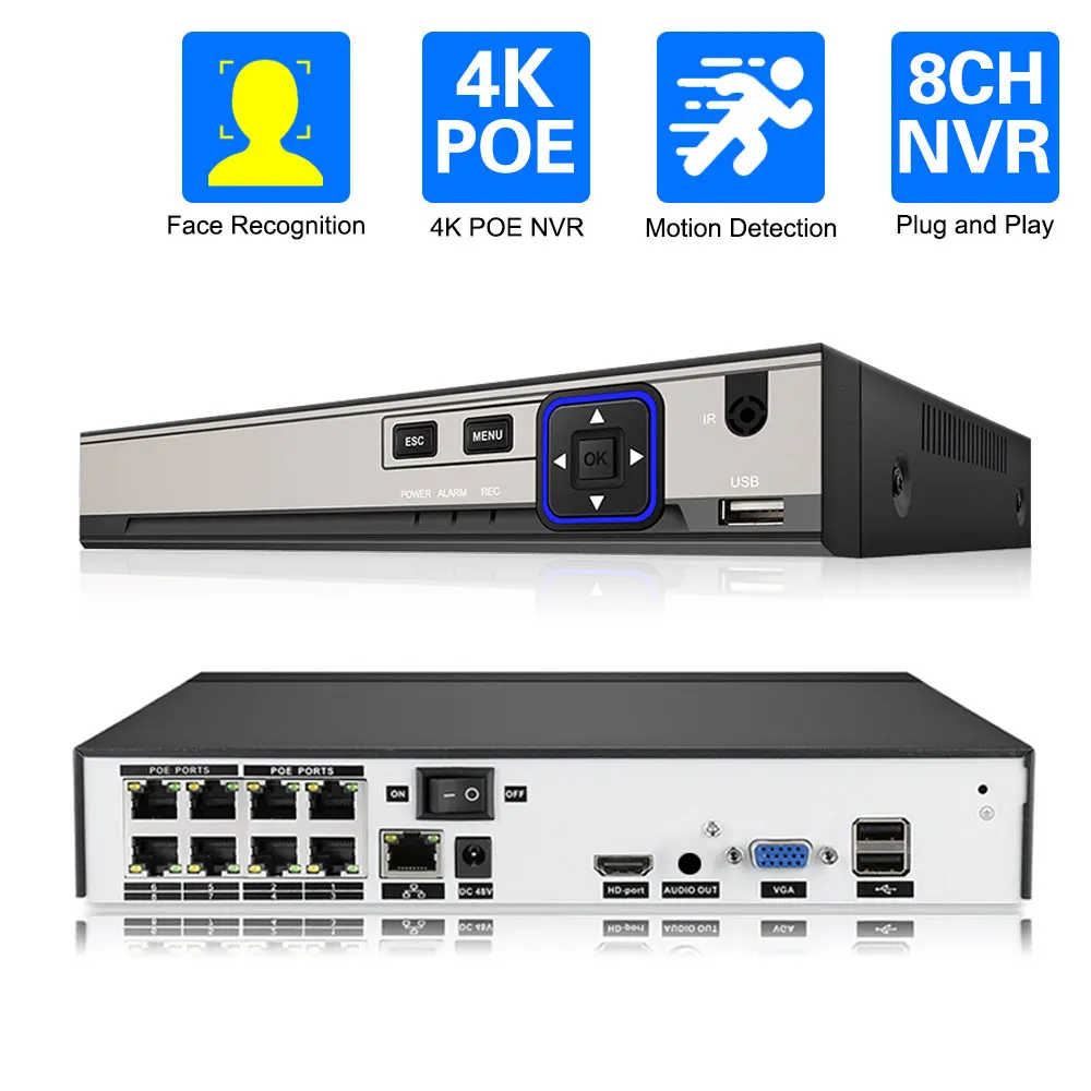 H.265 8 Channel CCTV POE NVR Security System 4K Face Detection XMEYE RJ45 Network Surveillance Video Recorder P2P 8CH 8MP