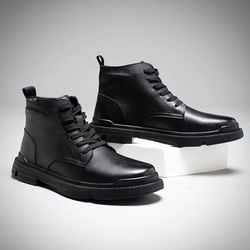 100% Genuine Leather Men Autumn Winter Boots Thick Sole Warm Cow Leather Ankle Boots