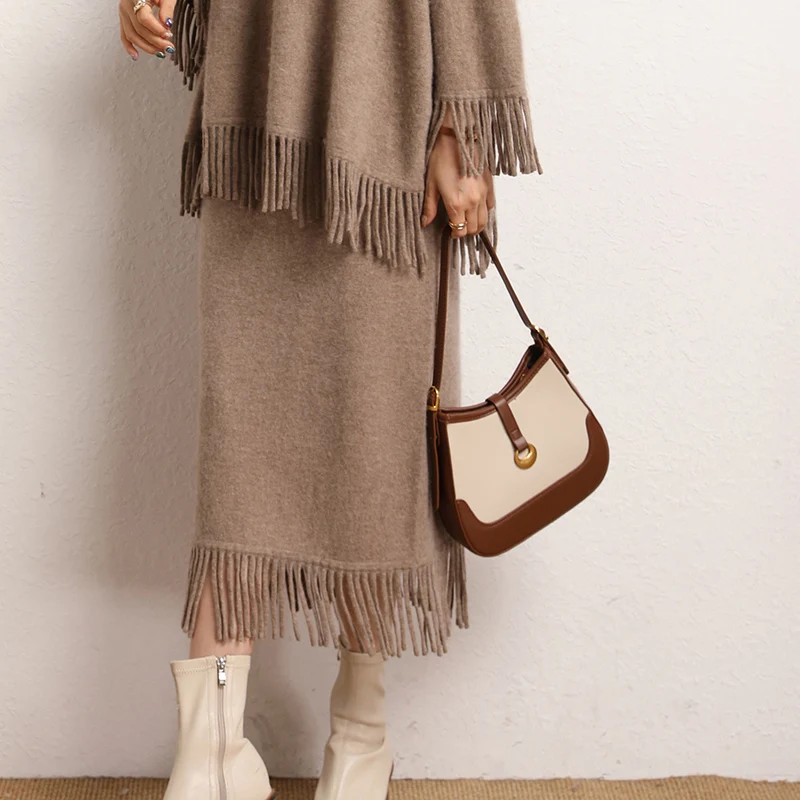 

Высококачественная осенне-зимняя 2023 кашемировая юбка, новинка, Женская Однотонная юбка с высокой талией, Женская Модная трикотажная юбка-трапеция, 4 цвета