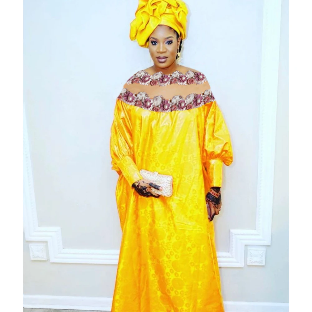 African Long Dresses For Wedding Party Clothing Top Quality Turkey Traditional Basin Riche Max Size Dashiki Robe With Headscarf