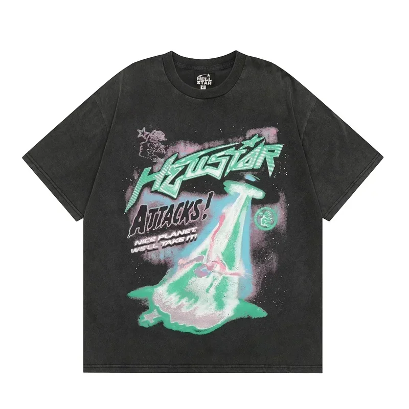 

2024ss Pure Cotton Black T-Shirts For Men Women 1:1 High Quality Alien Logo Hell Star Oversized T Shirts