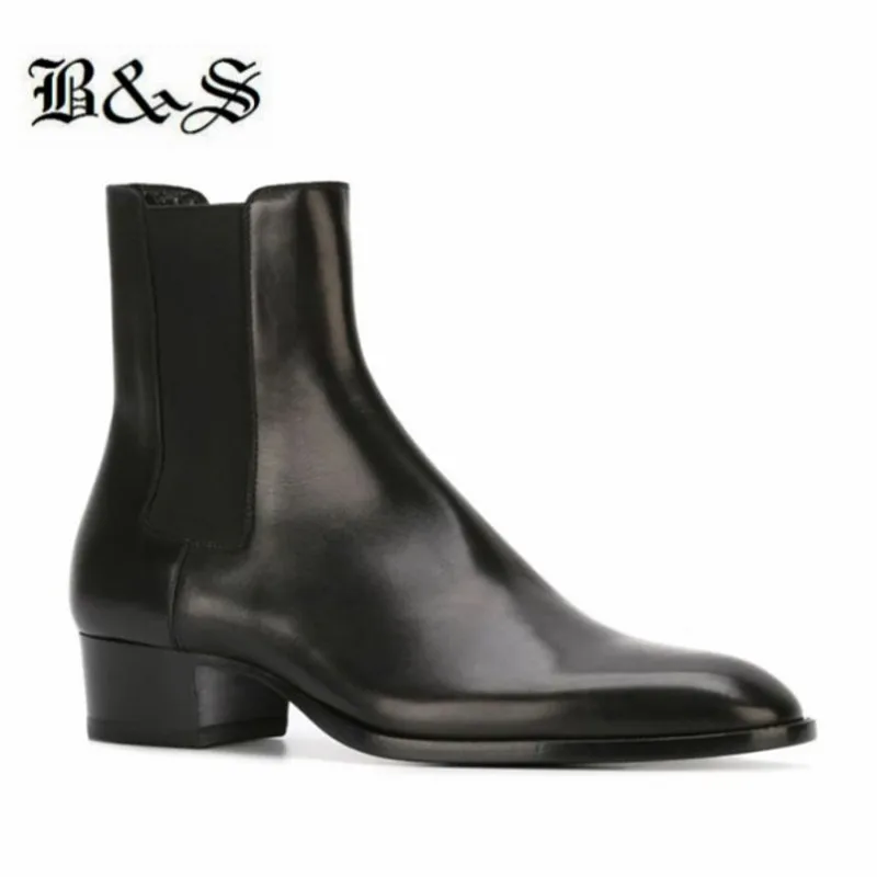 Black& Street Wedge 4cm Heel Handmade Genuine Leather Slip On Chelsea Men Boots