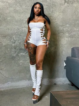 Sisterlinda Hollow 2-Piece Set Women Tassel Bandage Low-Neck Sleeveless Backless Playsuits+Simple Leg Sleeve Trend Sexy Suits 1
