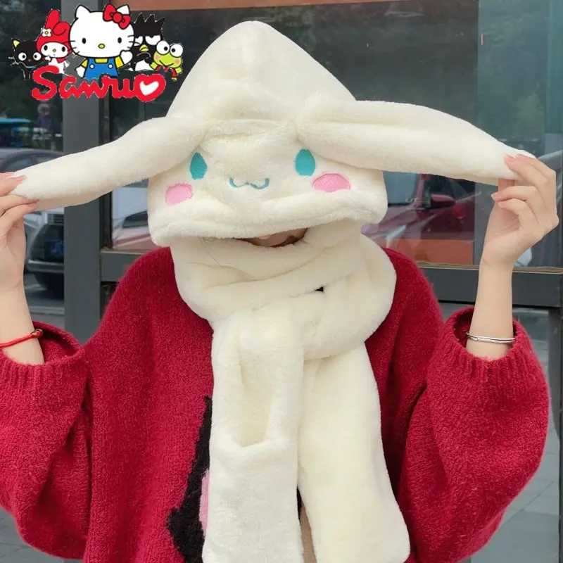 Sanrio Cinnamoroll Girl Three-in-one Hat Scarf Women's Gloves Plush Hat Thick Warm Cartoon Bib Warm Anti-Cold Christmas Day Gift