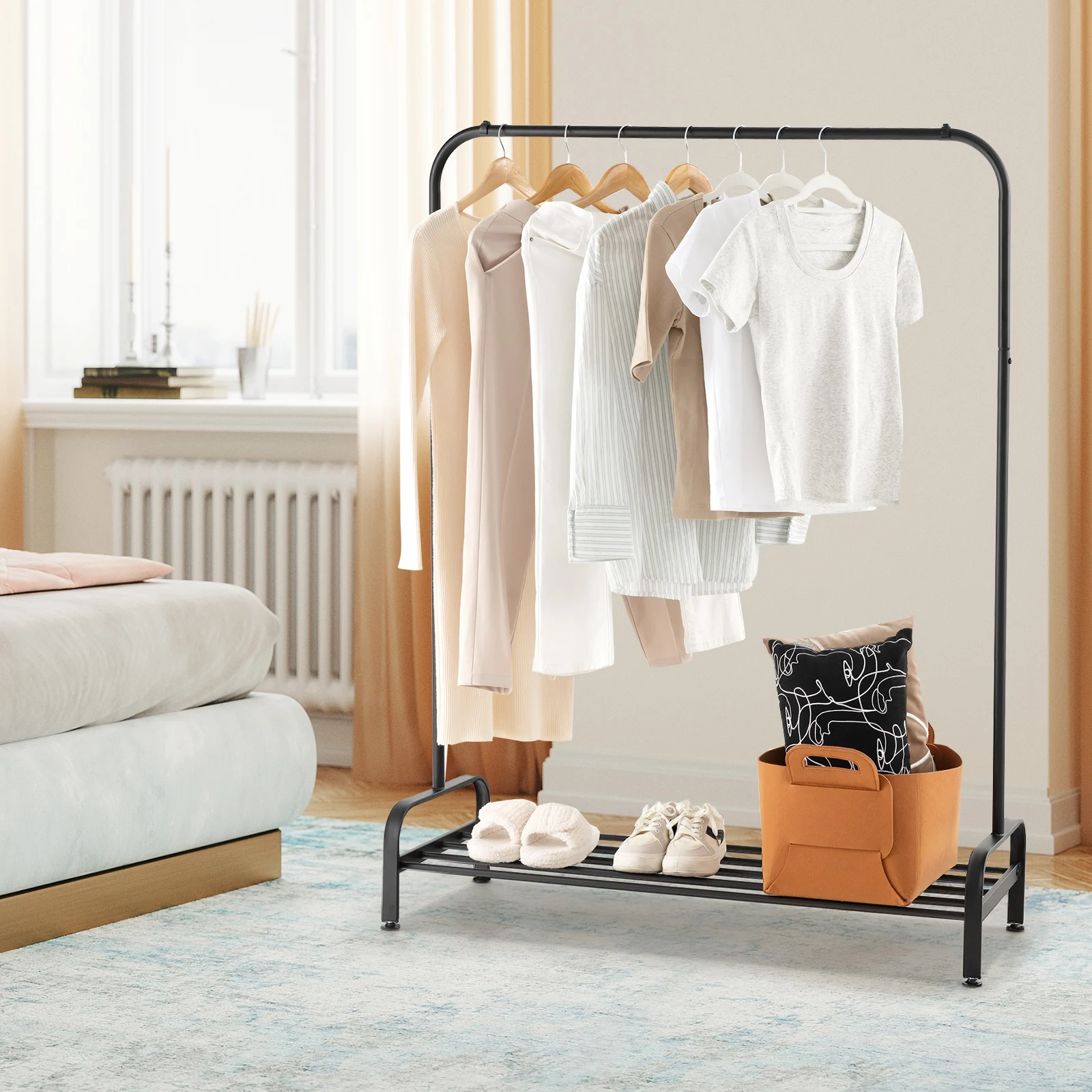 Dresses stand with dresses bar and storage compartment, coat rack stand metal with adjustable feet, freestanding, 112x42x145