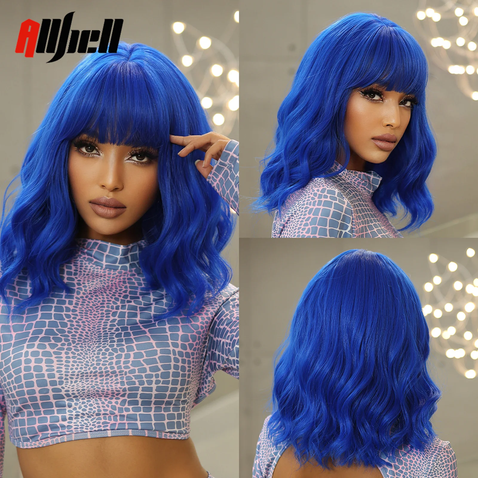 

Blue Wavy Synthetic Wigs with Bangs for Women Short Natural Hair Christmas Party Cosplay Wigs Heat Resistant Lolita Daily Use