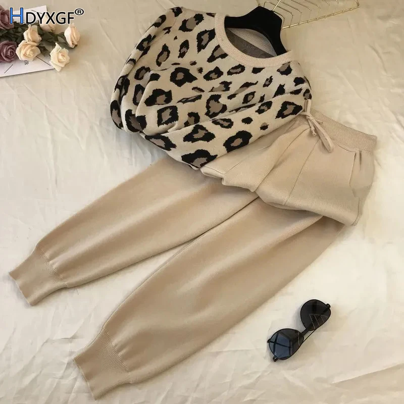 Casual Leopard Print O-neck Pullover Knit Sweater+loose High Waist Harem Pant 2 Pieces Sets Women Fashion Streetwear Outfits New