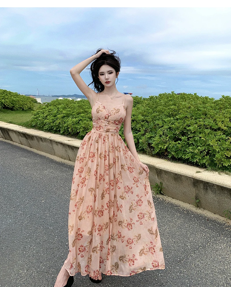 Summer New Spaghetti Strap Floral Long Dresses for Women Backless A-line Beach Style Korean Fashion Party Dress Casual Vestidos
