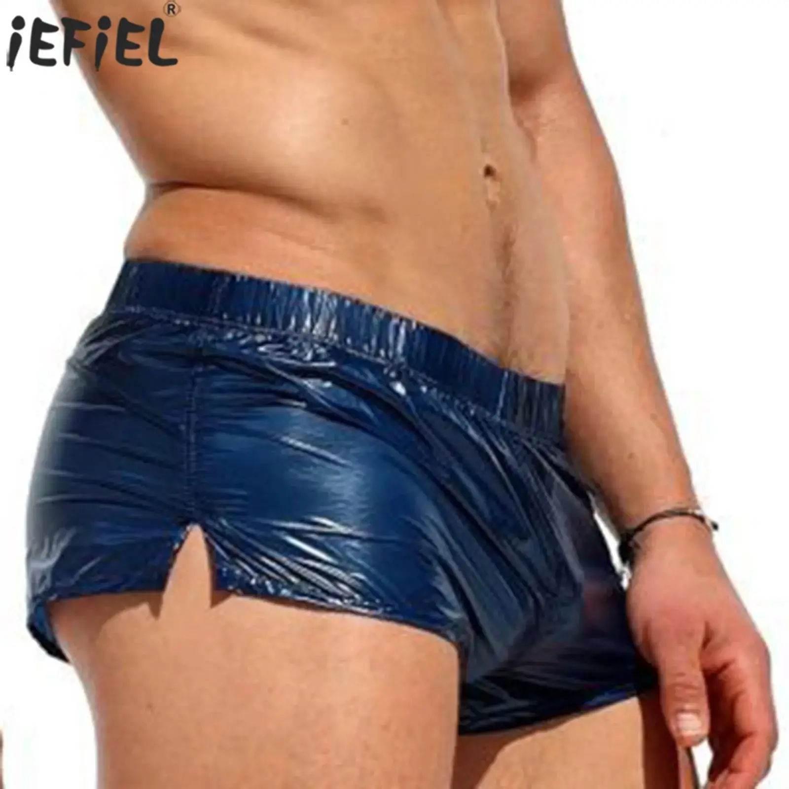 

Mens Swimwear Low Rise Sides Slit Shorts Solid Slim Fit Glossy Bikini Trunks Shorts Vacation Beach Pool Party Nightclub Costume