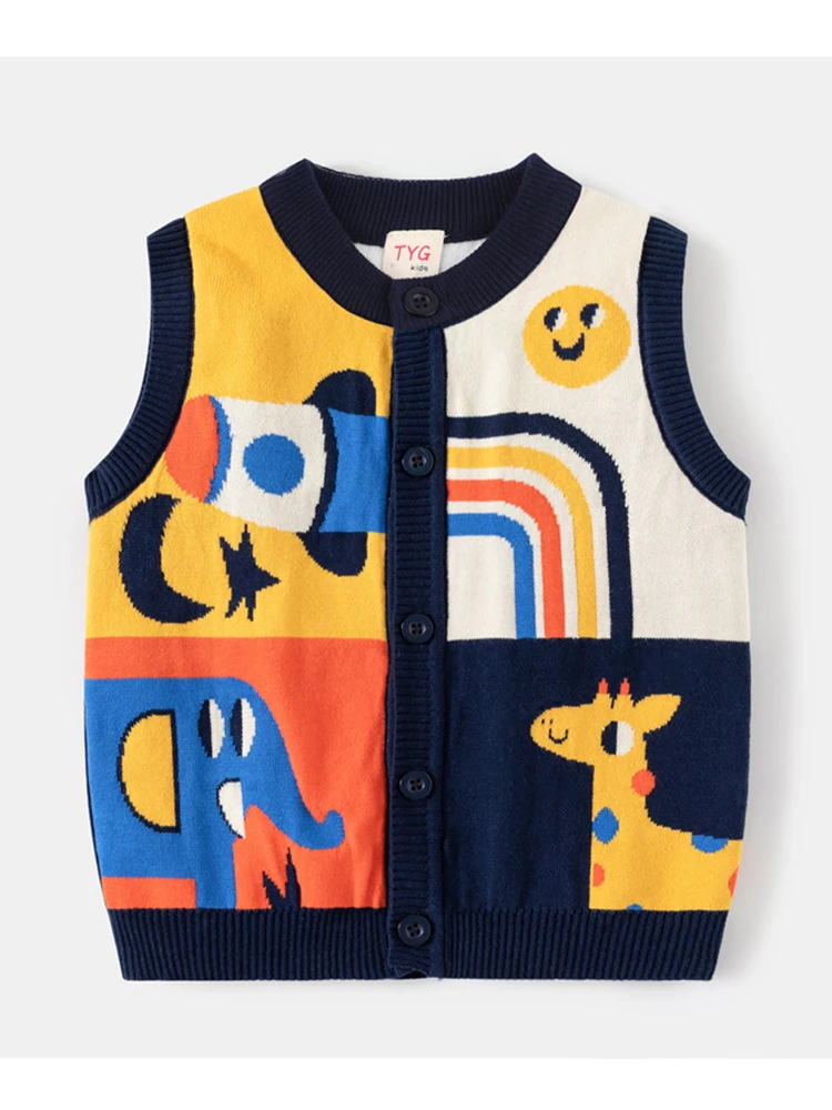 Kid Spring Autumn Boy Sweater Rocket Giraffe Cardigan Stitch Kid Clothing Sleeveless Buttons Baby Costume 2-6Y Children_voghion.com