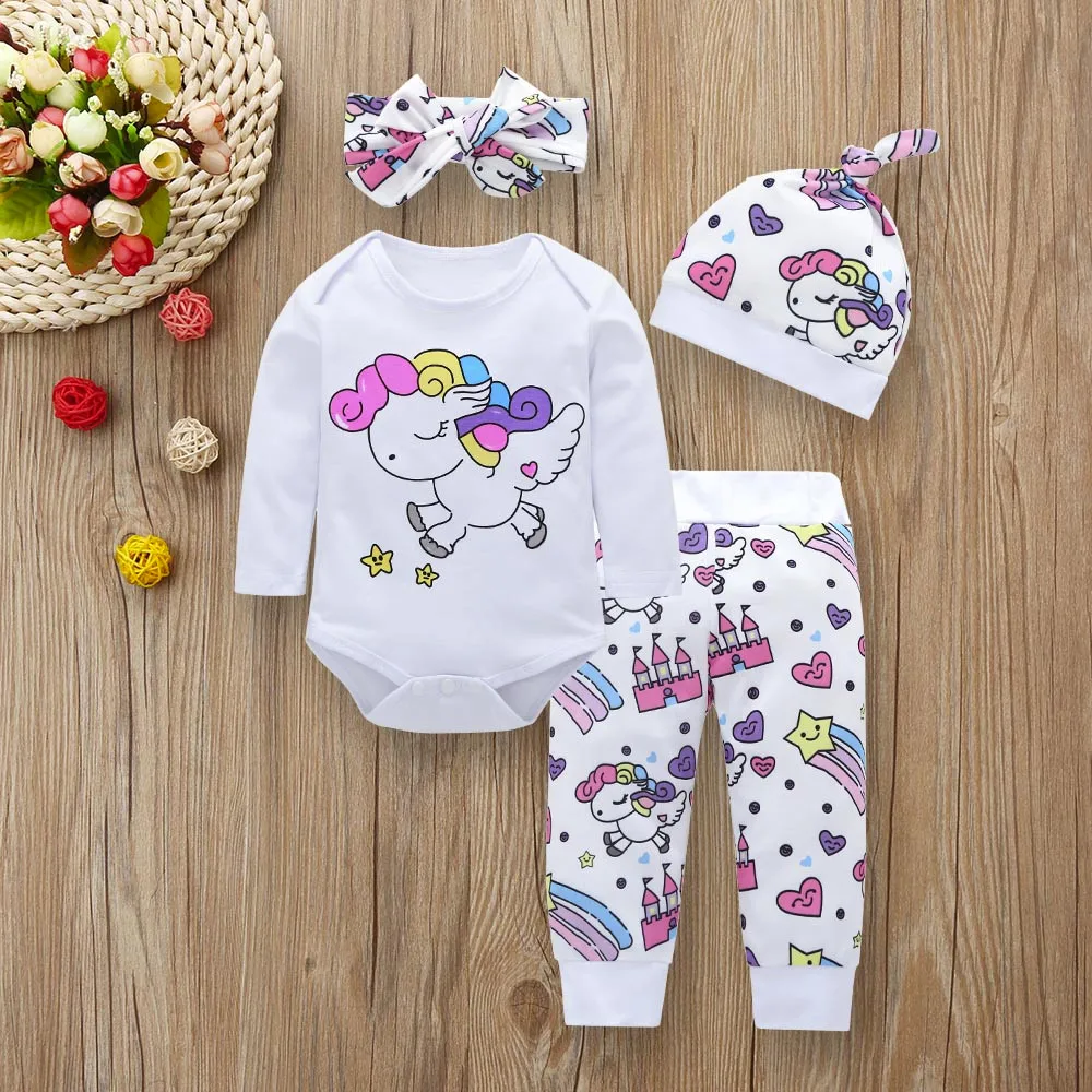 Newborn Infant Baby Girl Clothes Sets Unicorn Pegasus Star Castle Tops+Pants+Hat+Headband 4PCS Infant Baby Girl Clothing Outfits