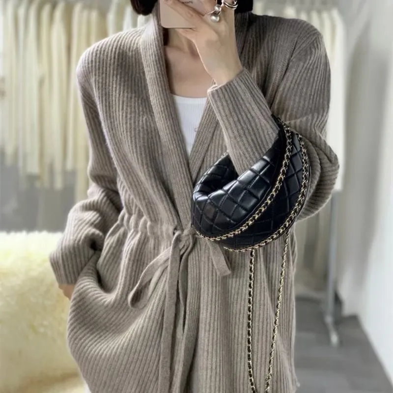 100% wool cardigan women's loose jacket for autumn and winter, mid to long style with tie up and waist cinching knit sweater 2