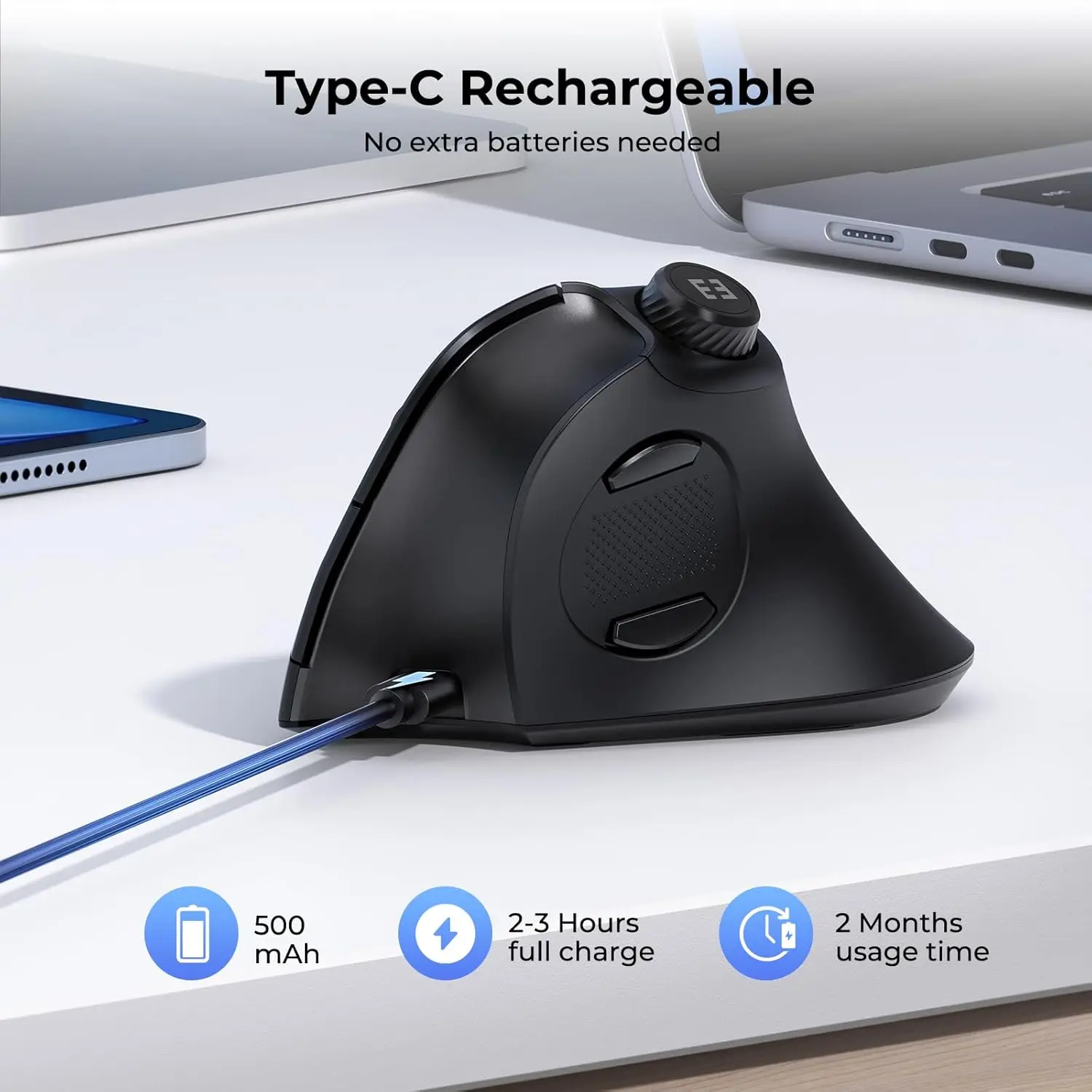seenda Ergonomic Mouse Rechargeable USB+Dual BT MOU-302 Vertical Wireless Mouse with Volume Knob Quiet Clicks Multi-Device