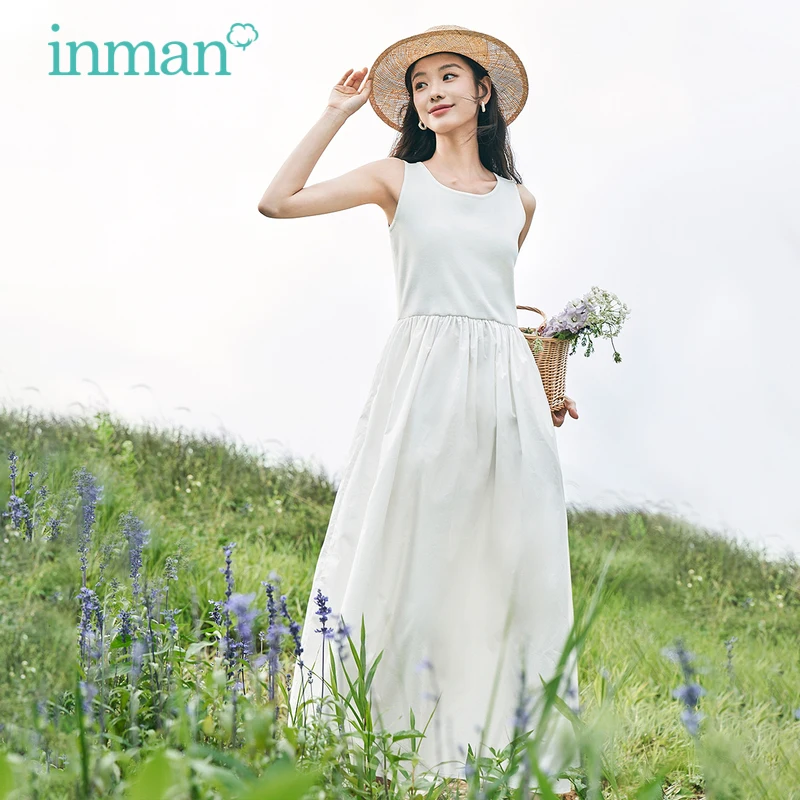 

INMAN Women Suspended Dress 2023 Summer Sleeveless Round Neck Slim Fit High Waistline Pleated Design Elegant Casual Long Skirt