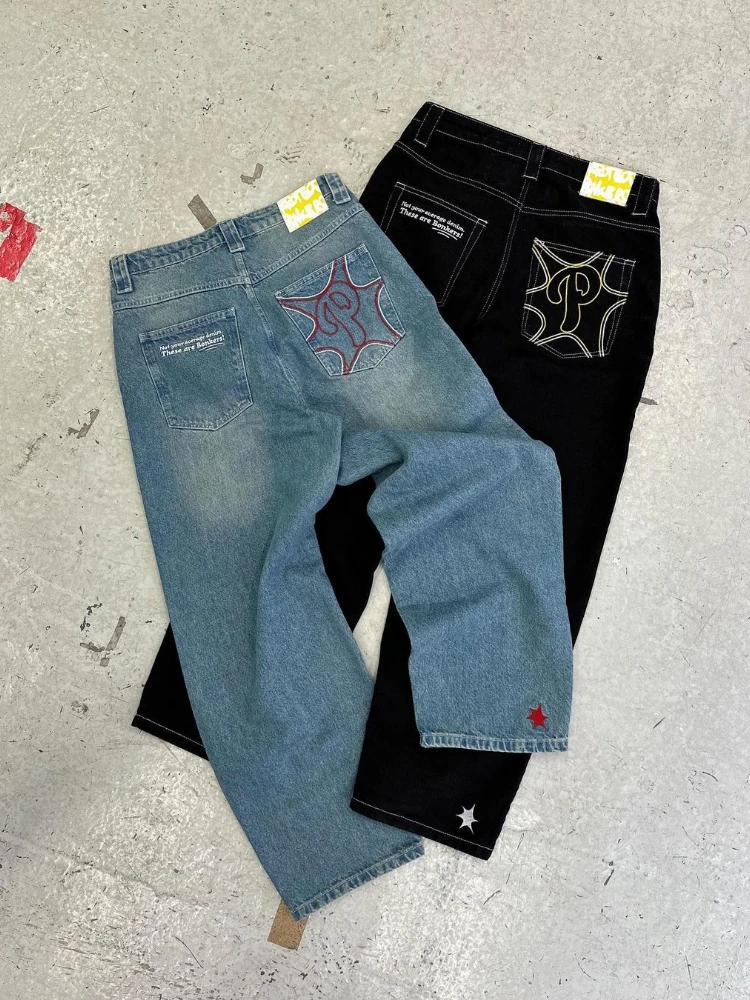 Men Jeans Baggy Wide Leg Retro Hip Hop Print High-waist