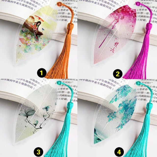 1pcs Classical Leaf Vein Bookmarks Chinese Peacock Flower Bookmarks with  Tassels Plastic Stationery Supplies Gift for Friends